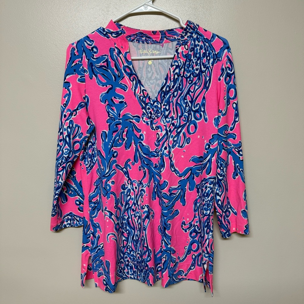 Lilly Pulitzer Vero Tunic Caught In The Coral Bright Colorful Top Shirt Size S‎